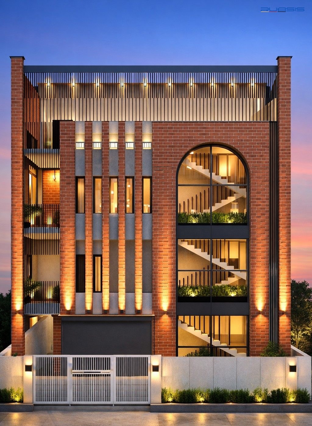 Brick on Bone mixed-use building — exposed brick facade with arched glazed stairwell